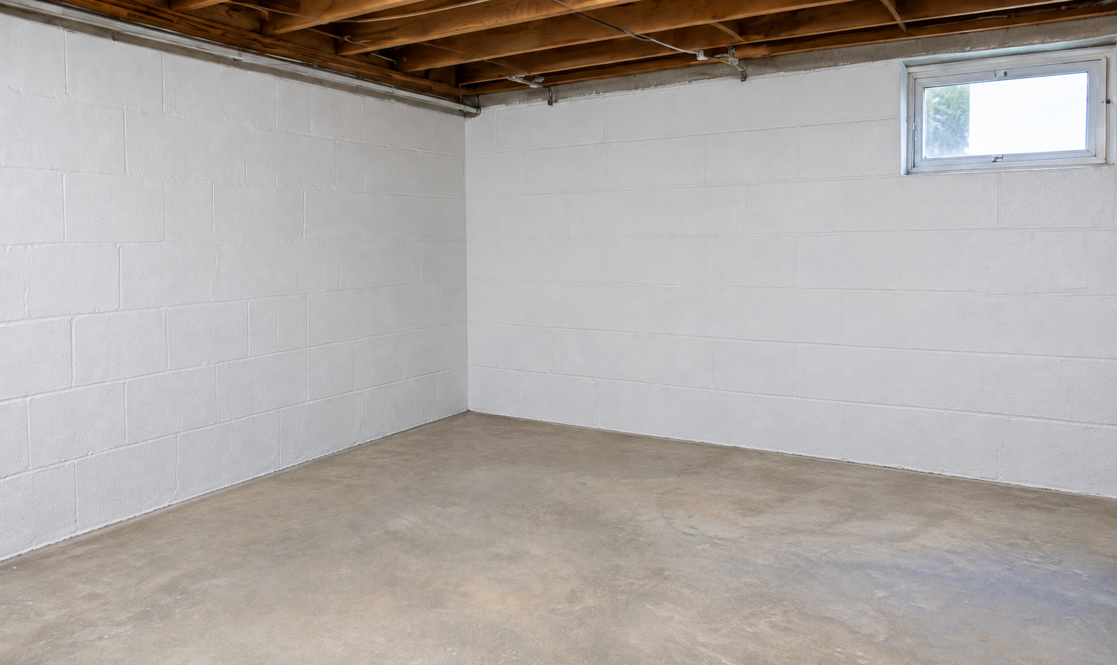 Sealed white basement masonry walls and concrete floor
