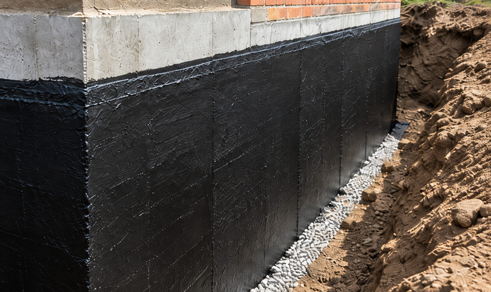 Waterproof membrane applied to an exposed foundation wall