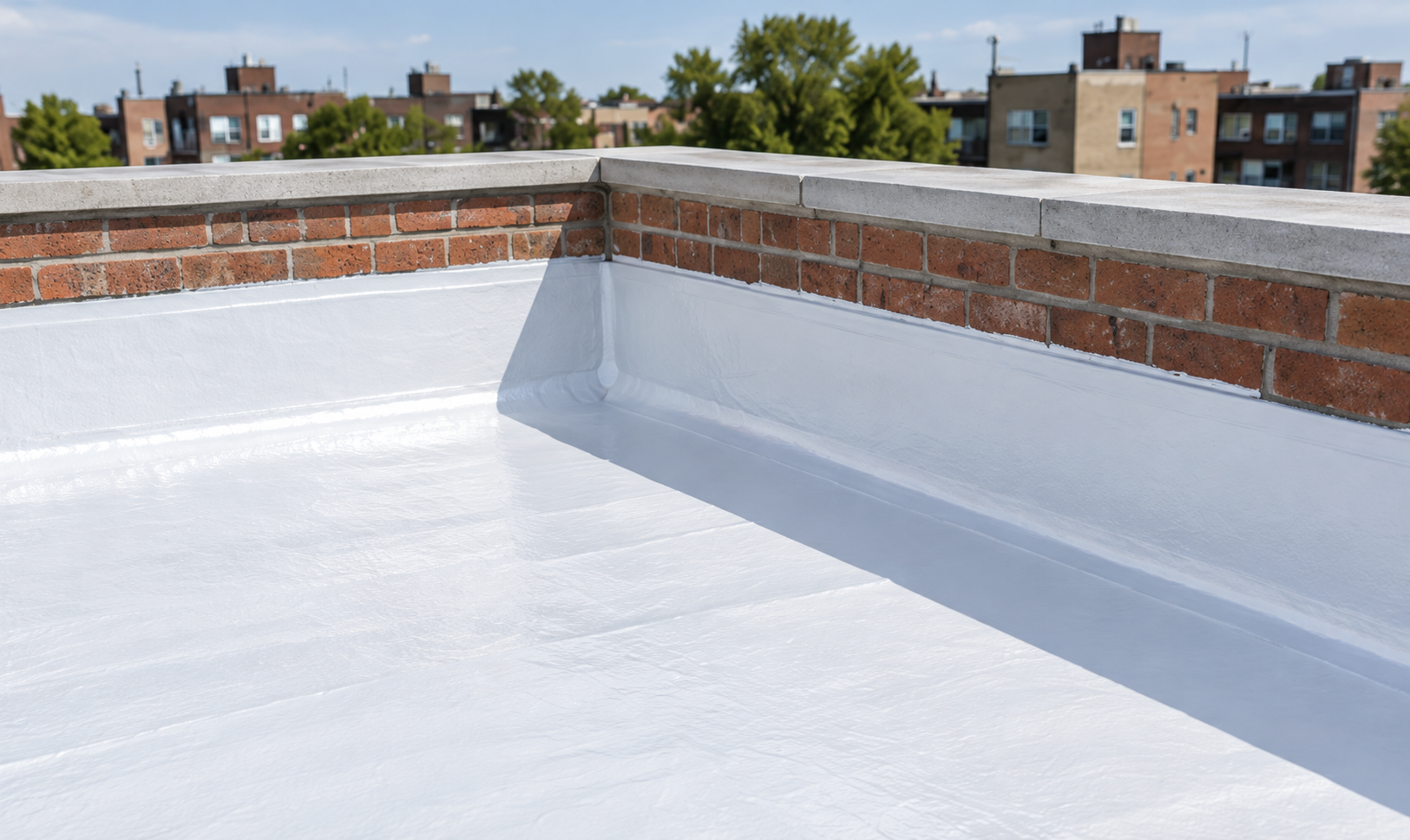 White roof coating around a brick parapet