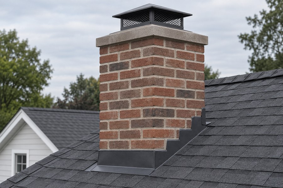 Brick chimney with cap and roof flashing