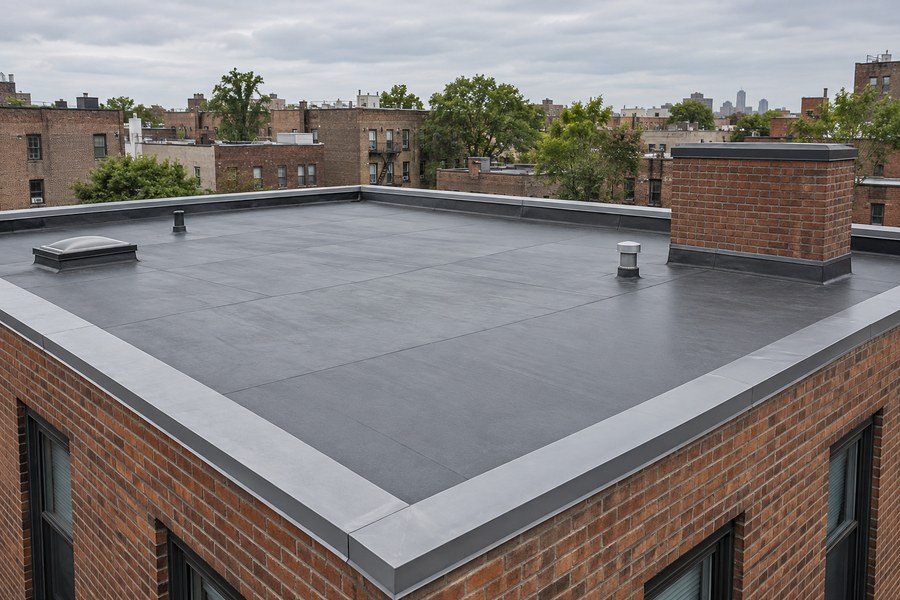 Flat membrane roof with brick parapet walls