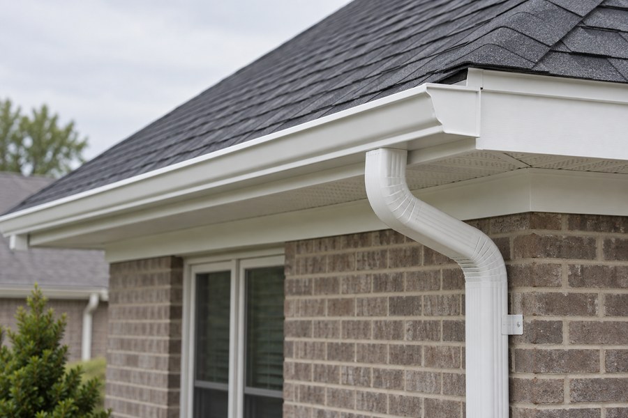 White gutter and downspout along a roof edge
