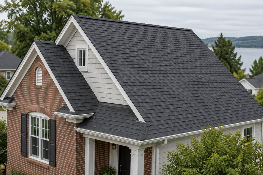 Charcoal shingle roof on a brick home