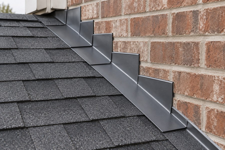 Metal flashing where shingles meet a brick wall