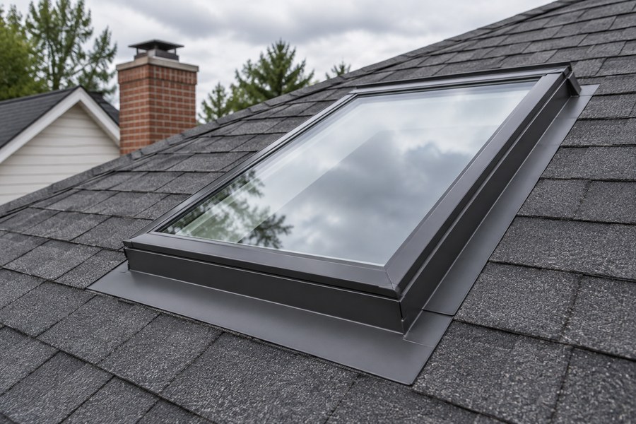 Skylight and flashing on a shingle roof