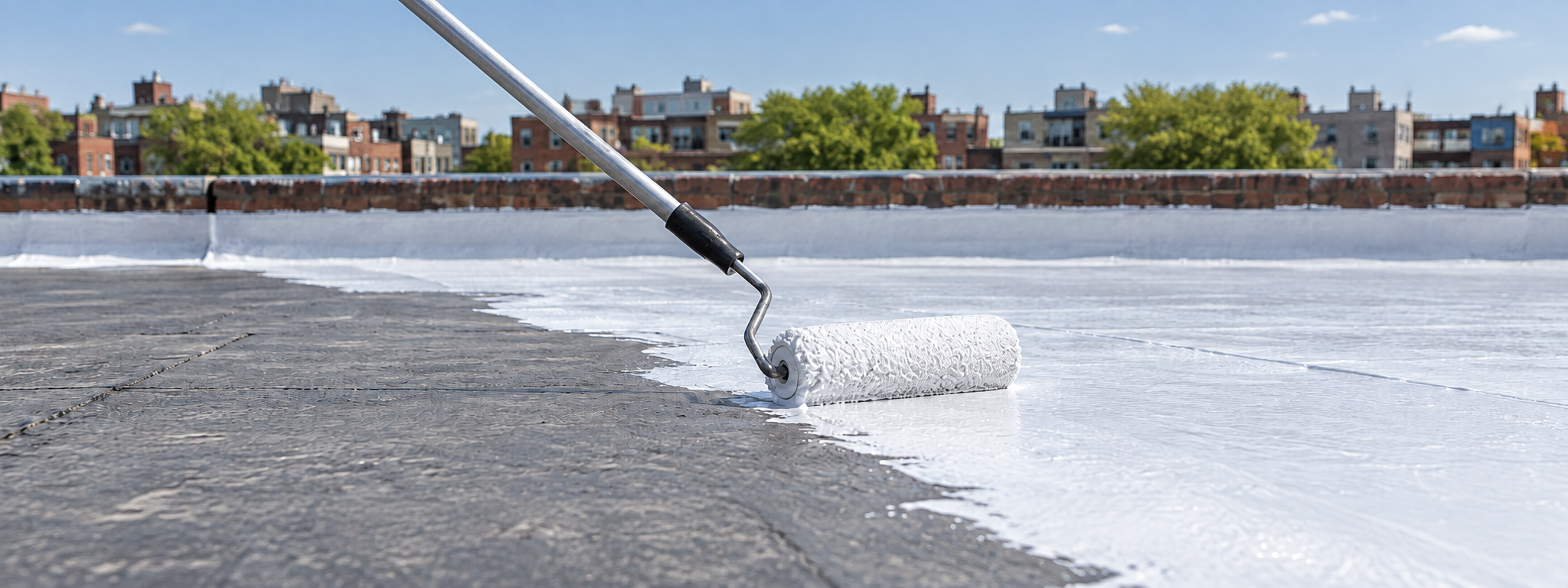 Roller applying white waterproof coating to a flat roof